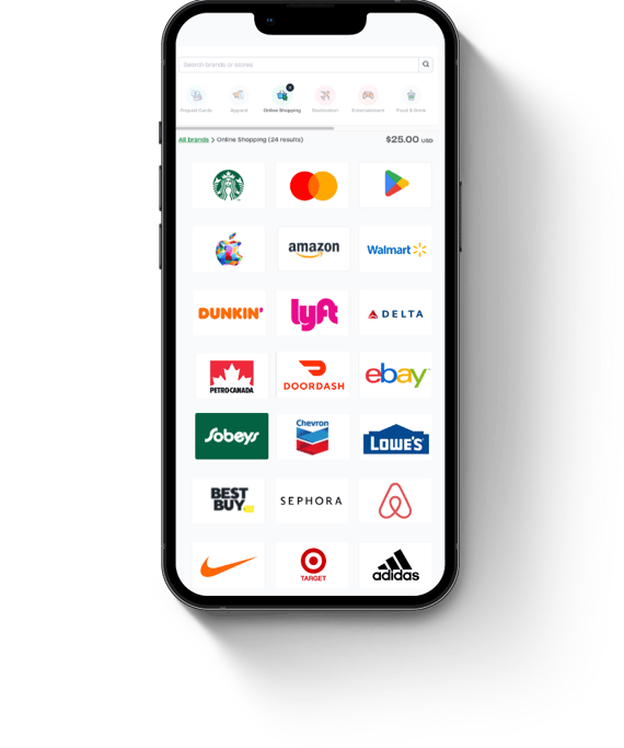 cell phone graphic displaying gift card catalog