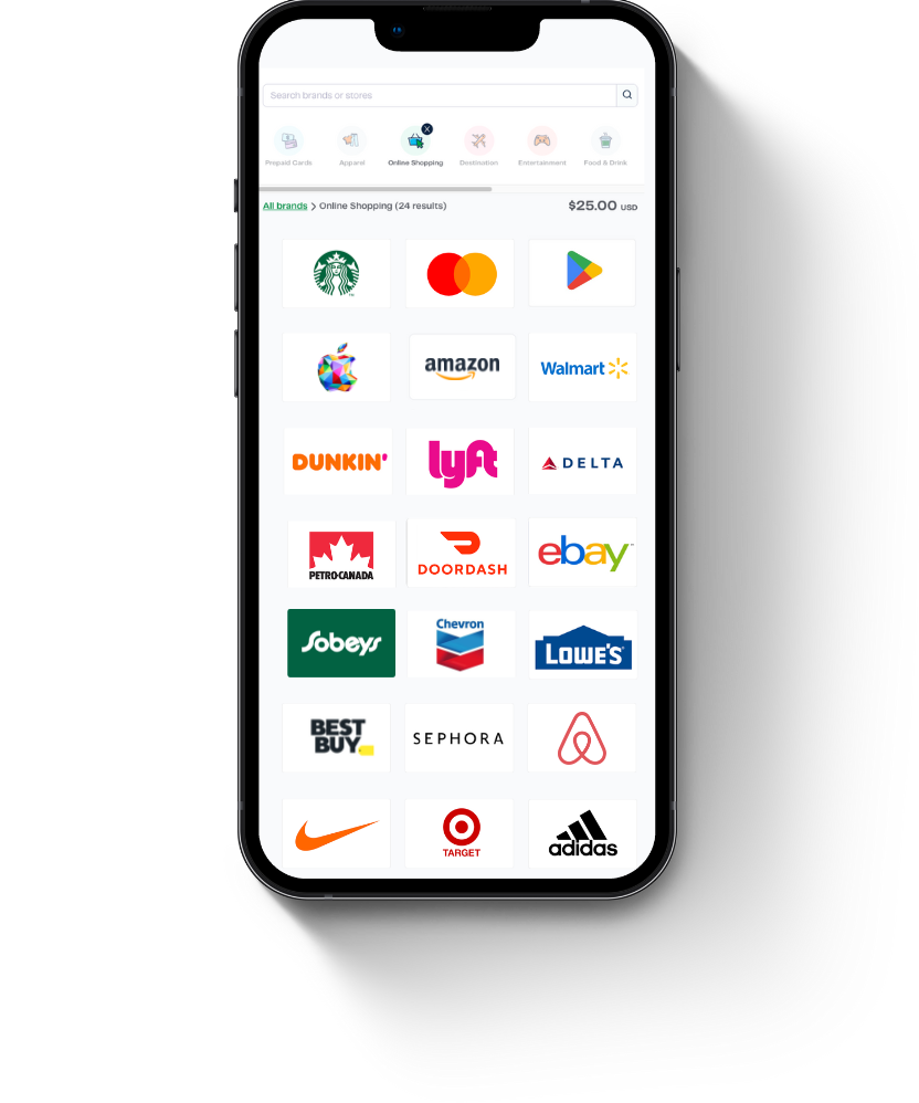 Phone screen displaying gift card brands in the Giftbit global incentive catalog